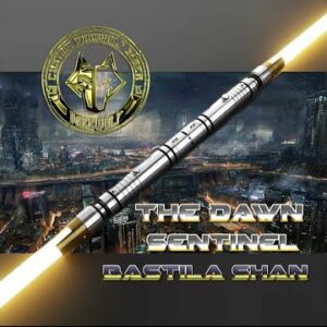 A glowing dragon-themed lightsaber with a futuristic city backdrop.