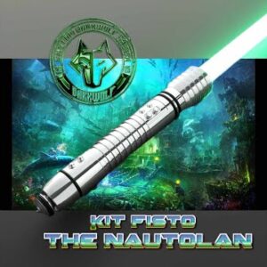 A glowing green lightsaber with a metallic hilt and Mandalorian emblem.