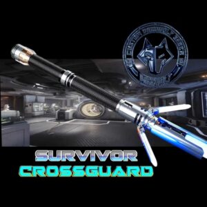 A futuristic lightsaber with blue blades and Survivor Crossguard logo.