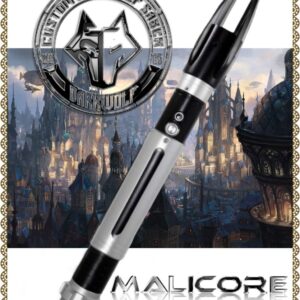 Stylish black and silver vape pen with a futuristic city background.