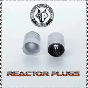 Two reactor plugs with a logo above and text below.