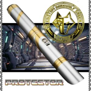 Sleek metallic electronic vape device with gold accents and a futuristic background.
