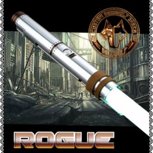 A futuristic lightsaber with a Rogue insignia in a dystopian cityscape.