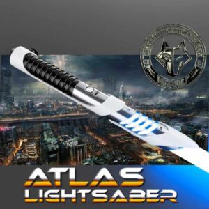 Futuristic Atlas lightsaber with sleek design and glowing blue elements.