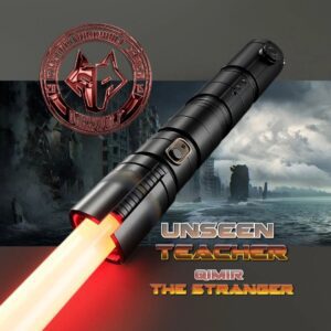 A futuristic red lightsaber with a dark background and ominous sky.