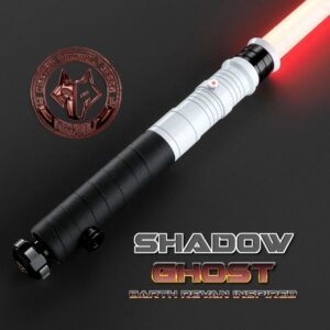 A sleek black and silver lightsaber with a red glowing blade and a Shadow Combat logo.