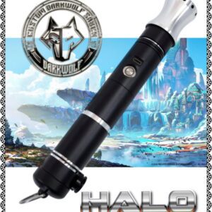 Black flashlight with Halo logo and futuristic background.