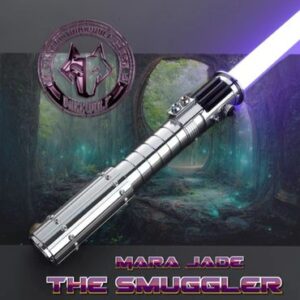 A silver lightsaber with a purple blade named 'The Smuggler'.