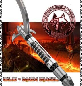 Close-up of a sleek, modern design sword with a fiery background and emblem.