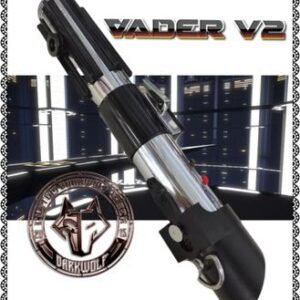 Close-up of a black Vader V2 lightsaber replica with a cityscape background.