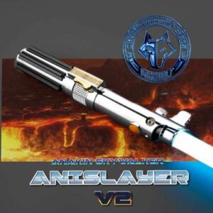 Close-up of a metallic weapon named Angslayer V6 with a fiery background.