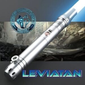 Silver Leviathan vape device with blue background and logo.
