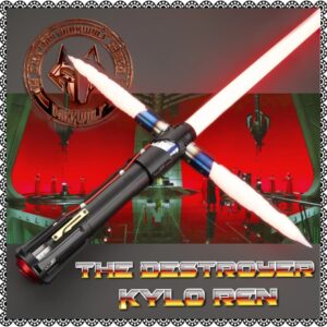 A futuristic lightsaber with cross-guards glowing in white and red.
