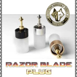 Razor blade plug with a sleek black and white design.