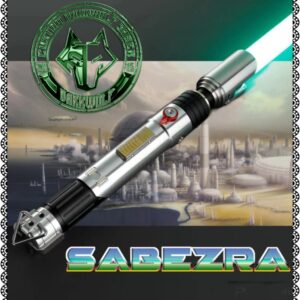 A custom green lightsaber with a detailed hilt design.