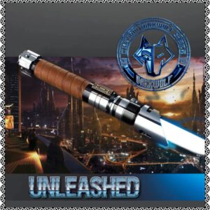 Futuristic sword with glowing blue blade in a sci-fi cityscape background.