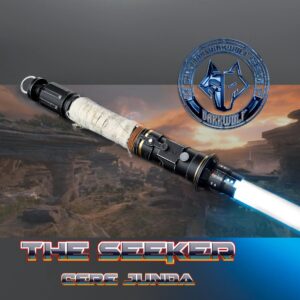 A lightsaber ignited against a dramatic sunset backdrop with a Mandalorian emblem.