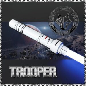 Futuristic weapon labeled TROOPER with a sci-fi emblem.