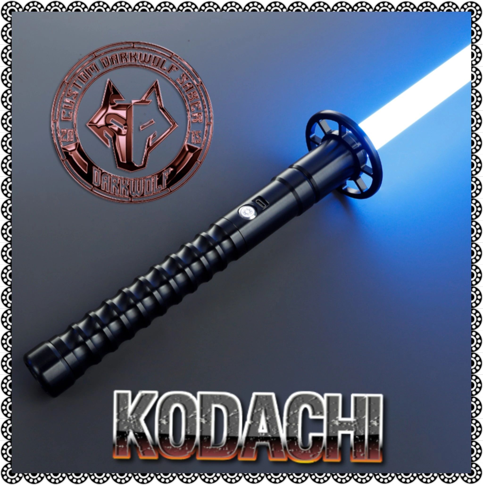 Blue-bladed lightsaber with black handle and Kodachi logo.
