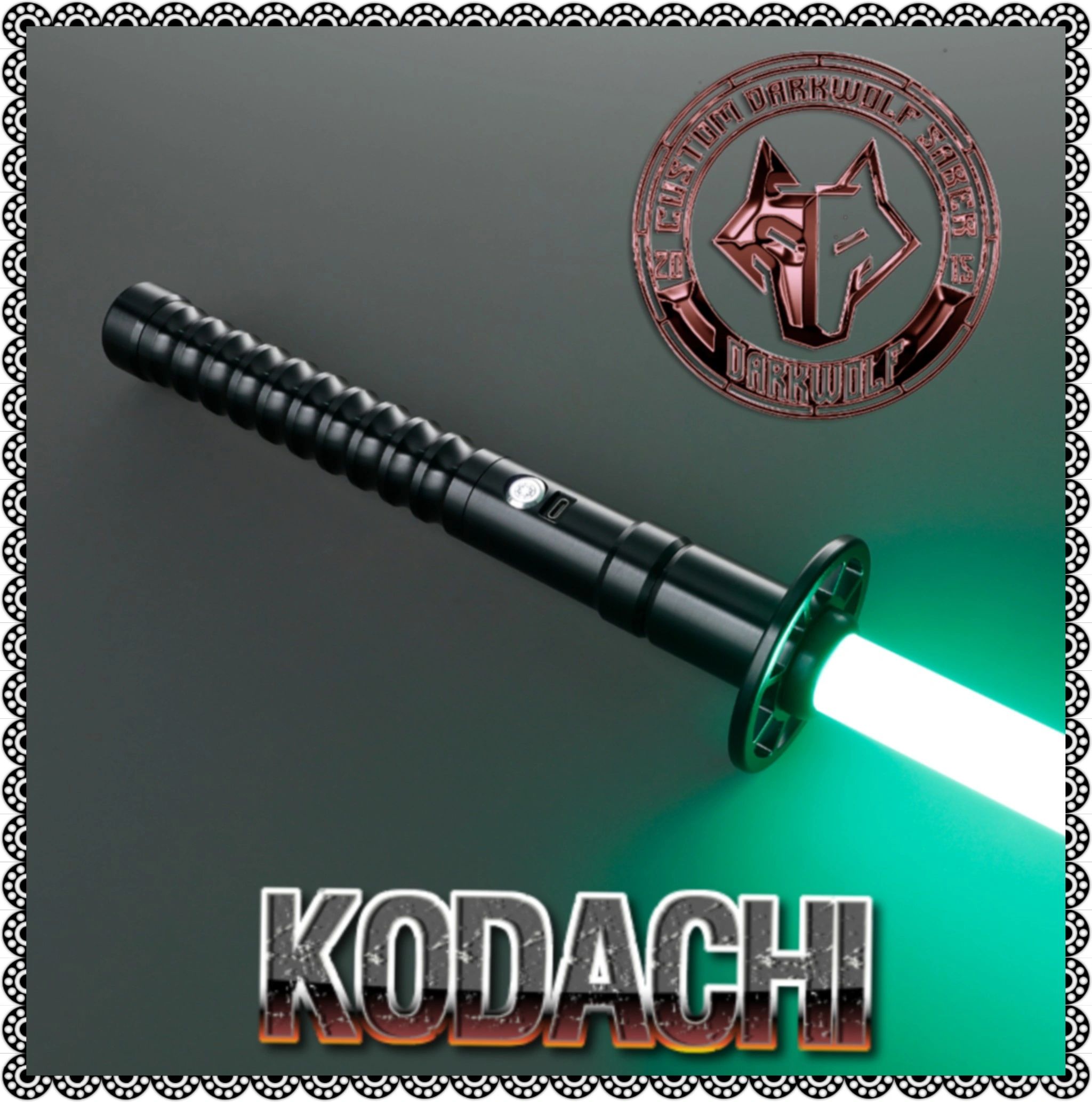 A futuristic flashlight emitting green light with a logo and text.