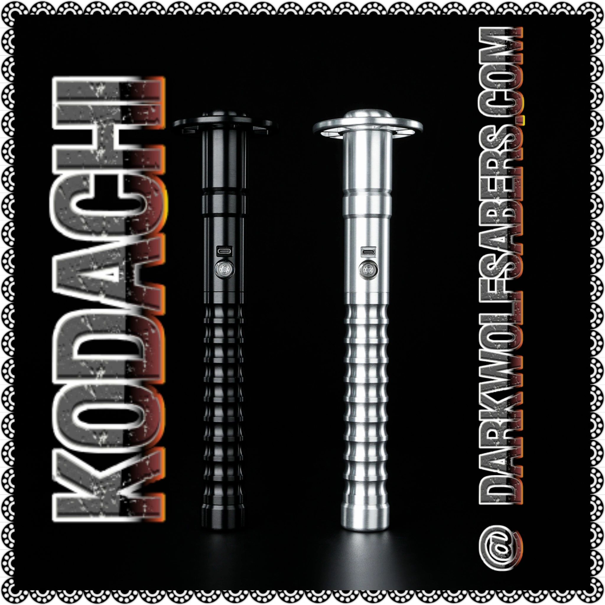 Close-up of two black and silver Kodachi tactical hammer grips on a black background.