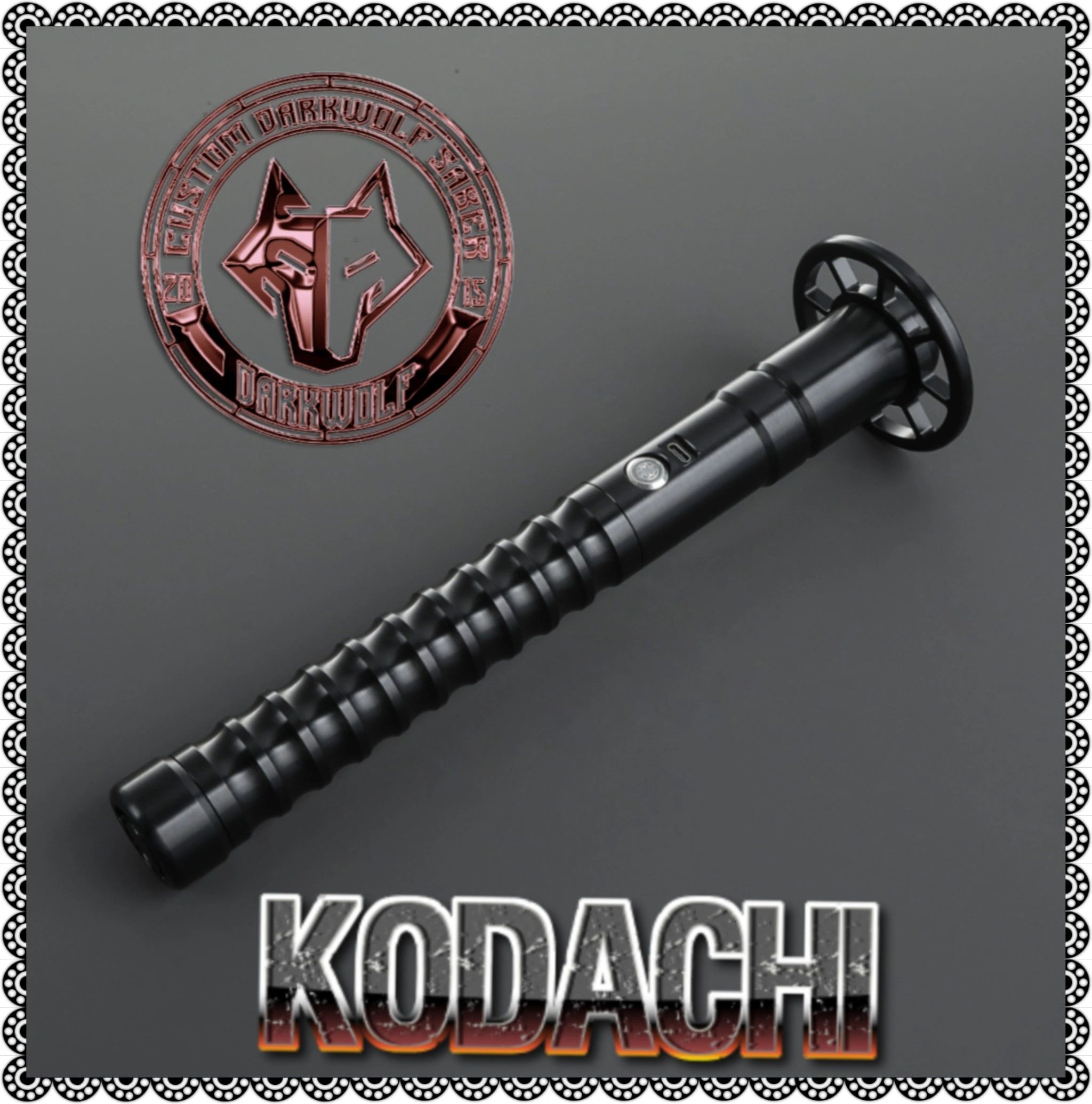 A tactical folding knife with a red dragon emblem and a black metal handle.