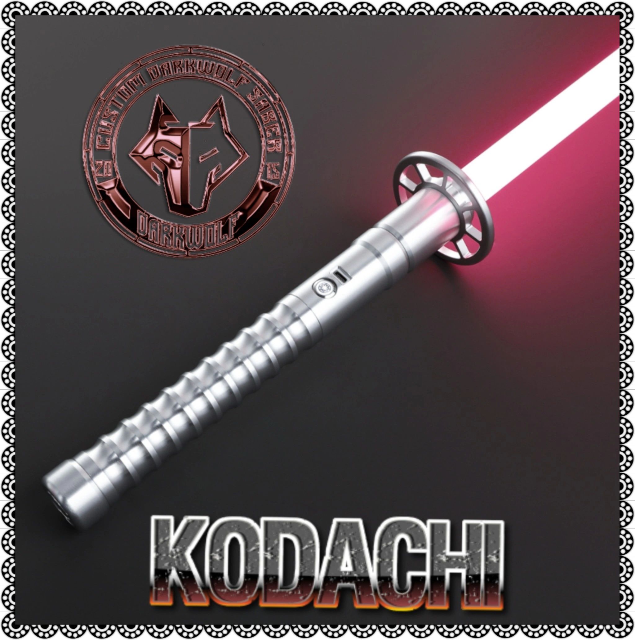 A detailed lightsaber with a glowing pink blade and engraved handle.