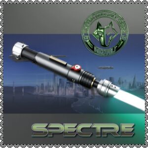 A futuristic lightsaber with a glowing blue blade and a cityscape background.