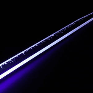 A glowing blue and purple neon light tube against a black background.