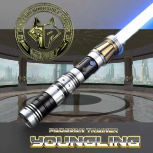 A high-tech lightsaber emitting a blue blade with a Star Wars logo.