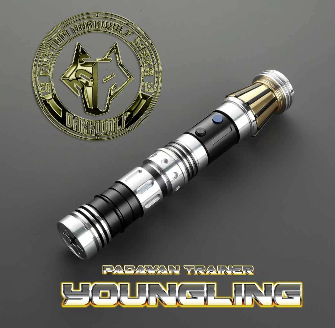 A sleek, metallic Youngling lightsaber replica with detailed craftsmanship.