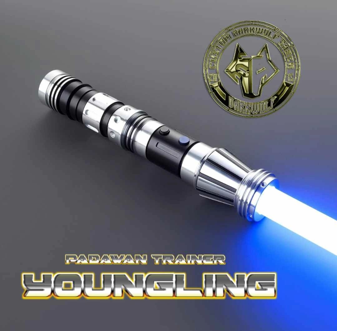 A futuristic lightsaber with a glowing blue blade and sleek metallic handle.