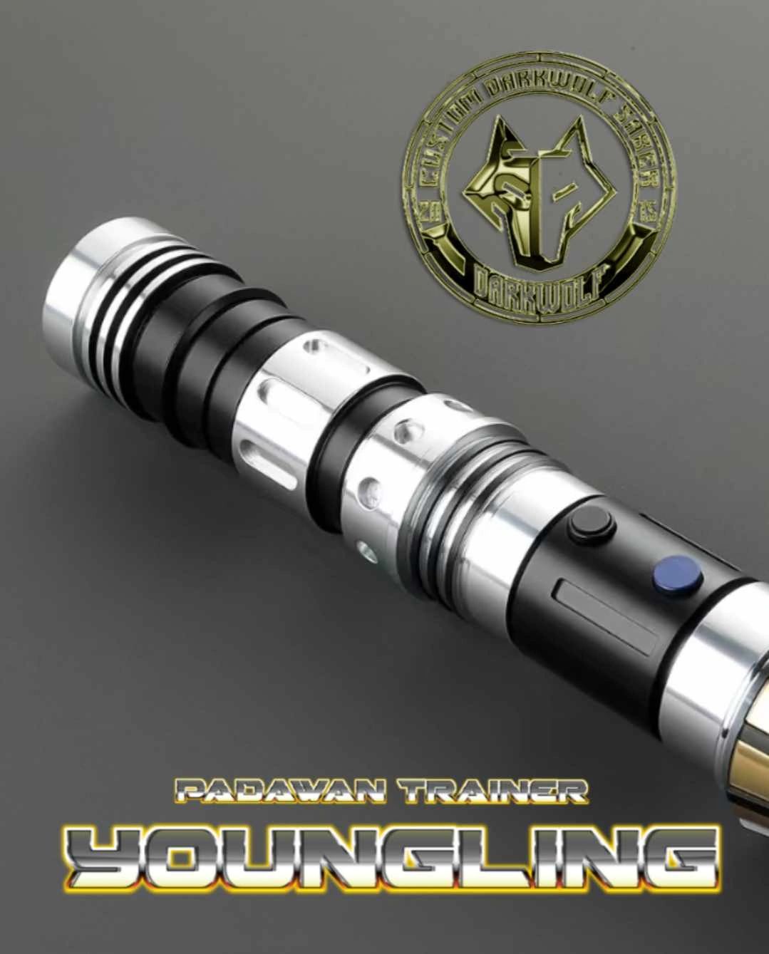 A futuristic silver and black lightsaber with a star emblem in the background.