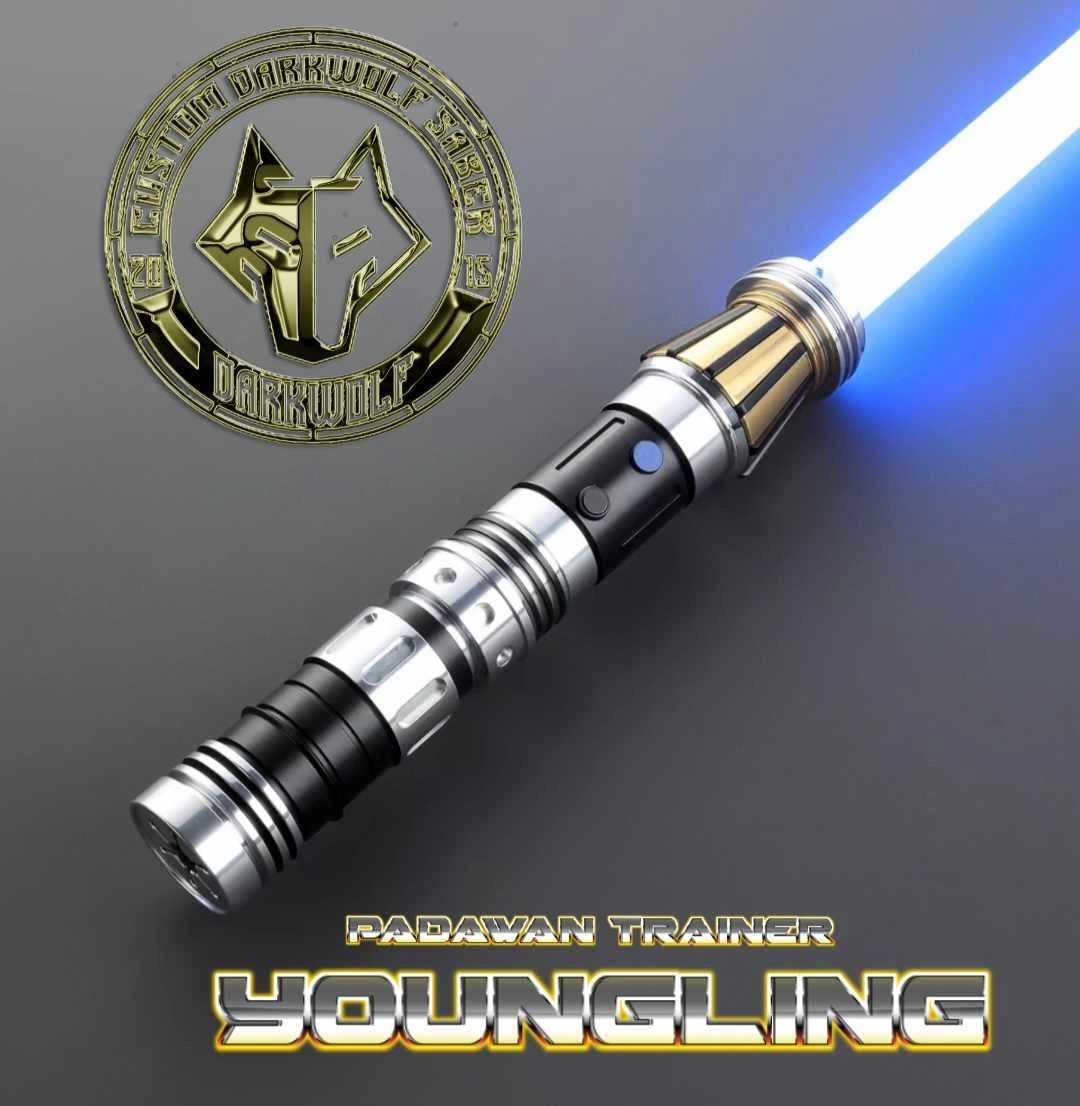 A detailed lightsaber replica with a blue blade and a metallic hilt.