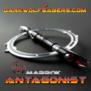 A sleek, futuristic lightsaber labeled 'Antagonist' from DarkWolfSabers.com.