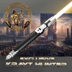 Futuristic Krayt Hunter weapon against a sci-fi city backdrop.