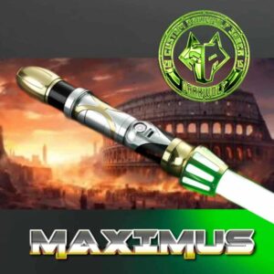 A futuristic weapon named Maximus with a glowing green blade and metallic body.