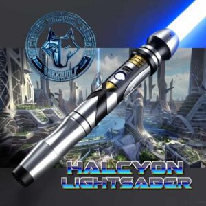 A silver Halcyon lightsaber emitting a blue blade with a futuristic city backdrop.
