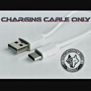 Close-up of a USB charging cable with a warning text.