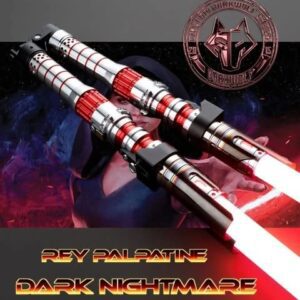 A custom double-bladed red lightsaber with a sleek metallic design.