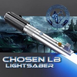 A sleek silver Chosen LB lightsaber with a futuristic background.