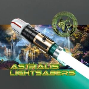 A futuristic lightsaber with a glowing blade and intricate design.