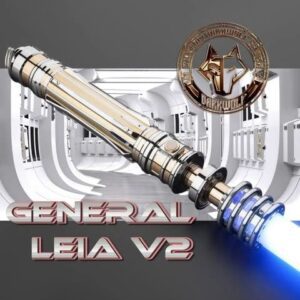 A futuristic lightsaber named General Leia V2 glowing blue inside a sci-fi chamber.