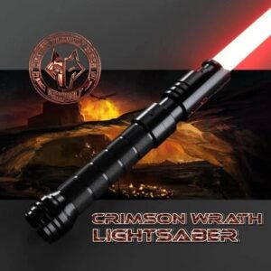 A black lightsaber with a red blade glowing against a volcanic backdrop.