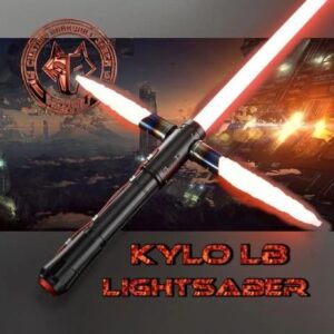 Kylo Ren's crossguard lightsaber glowing red in battle.
