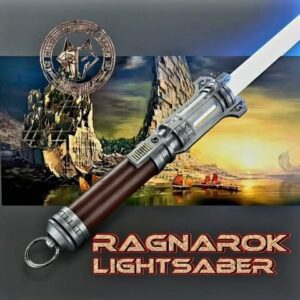 A detailed lightsaber with a wooden handle and blue blade, set against a dramatic Ragnarok scene.