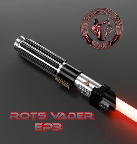 A sleek lightsaber labeled 'Rots Vader EP3' with a glowing red blade.