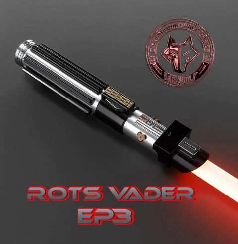 A detailed image of a Star Wars ROTJ Vader EP3 lightsaber replica.
