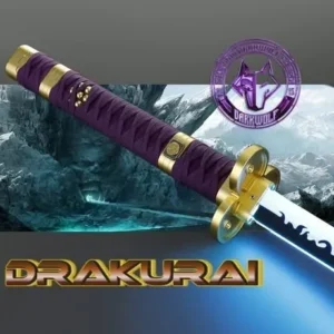 A detailed katana with a purple and gold handle, branded as Drakurai.