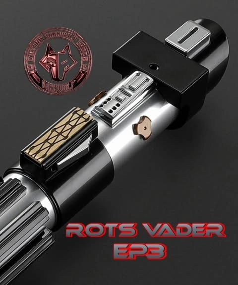 Close-up of a custom ROTS Vader Era lightsaber with intricate details.